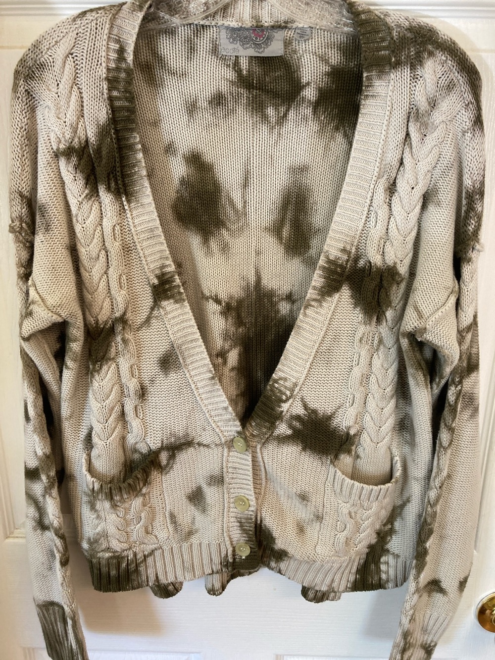 Ecote Beige and Olive Tie-Dye Cable Knit Button Cardigan